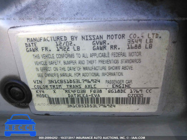 2003 Nissan Sentra XE/GXE 3N1CB51D53L796924 image 8