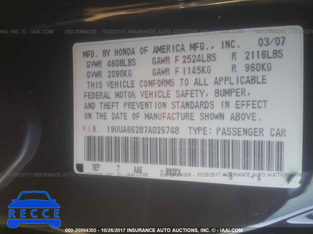 2007 Acura TL 19UUA66287A026748 Bild 8
