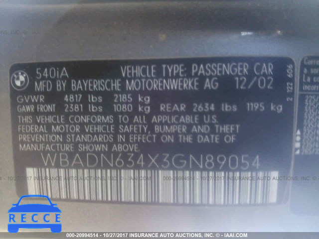 2003 BMW 540 I AUTOMATICATIC WBADN634X3GN89054 image 8
