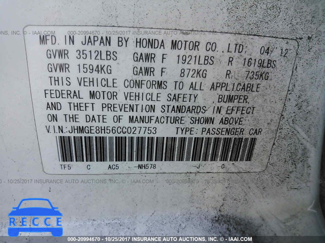 2012 Honda FIT JHMGE8H56CC027753 image 8