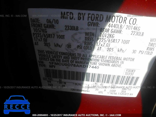 2010 Ford Escape XLT 1FMCU0D78AKD17440 image 8