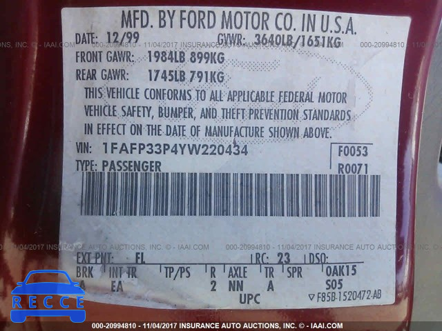 2000 Ford Focus LX 1FAFP33P4YW220434 image 8