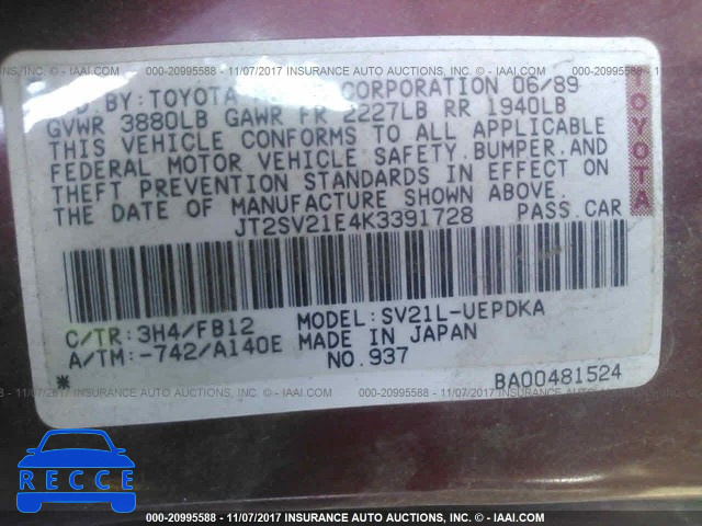 1989 TOYOTA CAMRY DLX JT2SV21E4K3391728 image 8