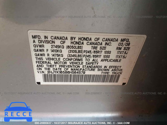 2006 Honda Ridgeline RTL 2HJYK16586H564579 image 8