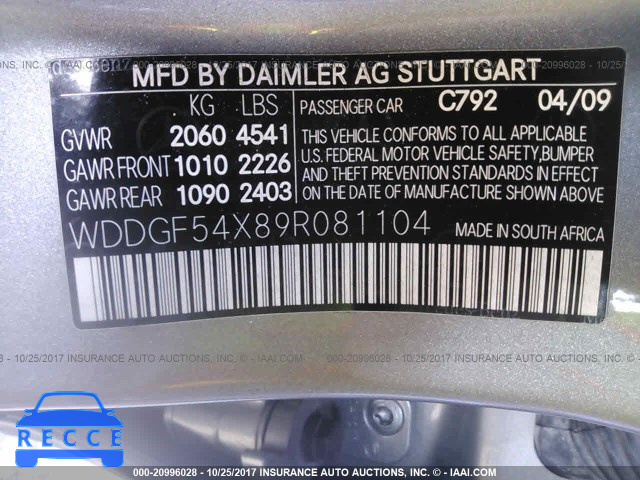 2009 Mercedes-benz C WDDGF54X89R081104 image 8