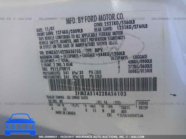 2002 Ford Windstar LX 2FMZA51422BA56103 Bild 8