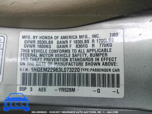 2003 Honda Civic 1HGEM22963L073220 image 8