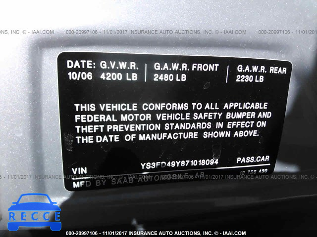 2007 Saab 9-3 2.0T YS3FD49Y871018094 зображення 8