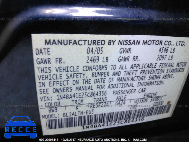 2005 Nissan Maxima 1N4BA41E25C864356 image 8