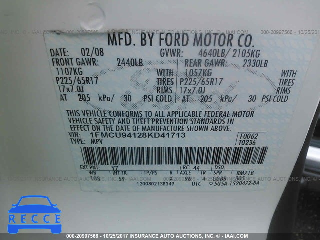 2008 Ford Escape 1FMCU94128KD41713 image 8