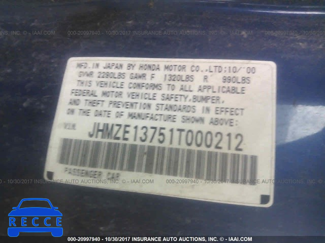 2001 Honda Insight JHMZE13751T000212 зображення 8