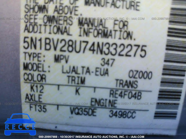 2004 Nissan Quest 5N1BV28U74N332275 image 8
