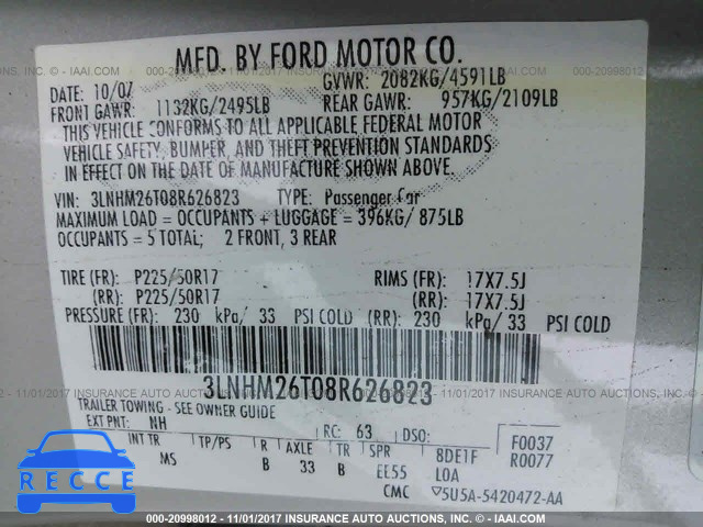 2008 Lincoln MKZ 3LNHM26T08R626823 Bild 8