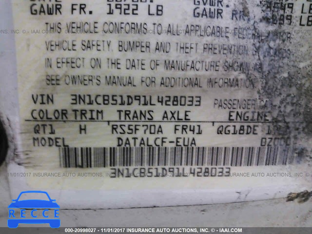 2001 NISSAN SENTRA 3N1CB51D91L428033 image 8