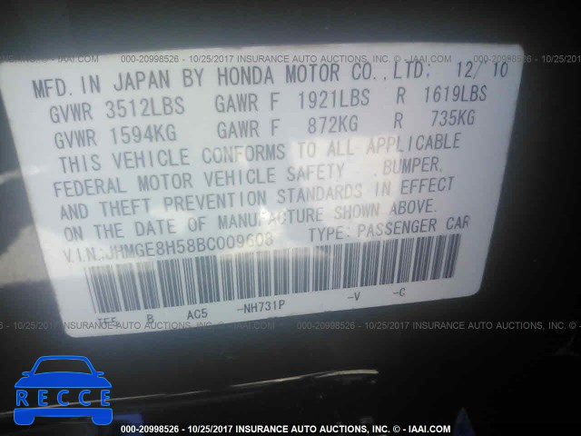 2011 Honda FIT SPORT JHMGE8H58BC009608 image 8