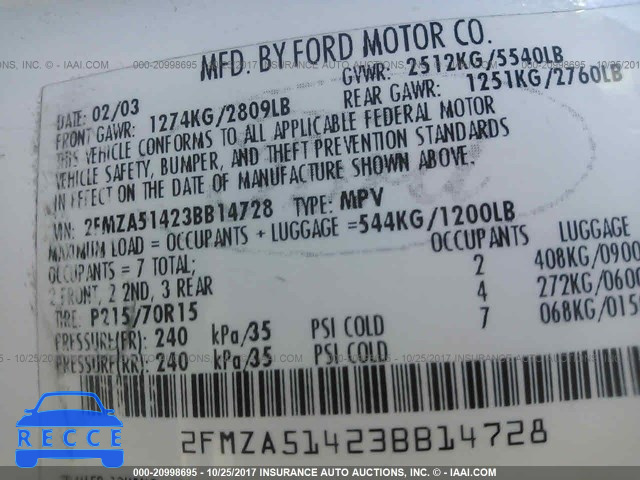 2003 Ford Windstar LX 2FMZA51423BB14728 image 8