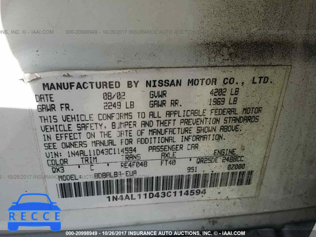 2003 Nissan Altima 1N4AL11D43C114594 image 8