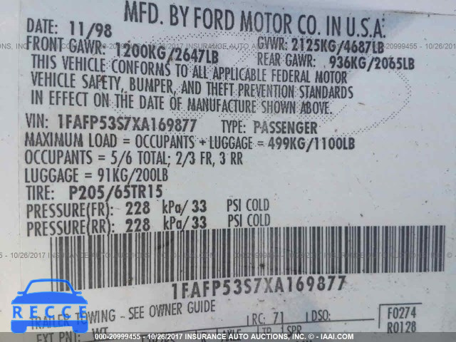 1999 Ford Taurus SE/COMFORT/SPORT 1FAFP53S7XA169877 Bild 8