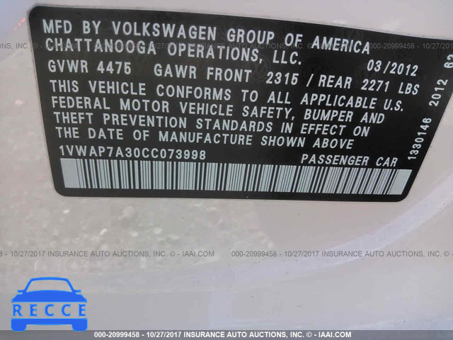 2012 VOLKSWAGEN PASSAT 1VWAP7A30CC073998 зображення 8