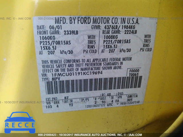 2001 Ford Escape 1FMCU01191KC19694 image 8