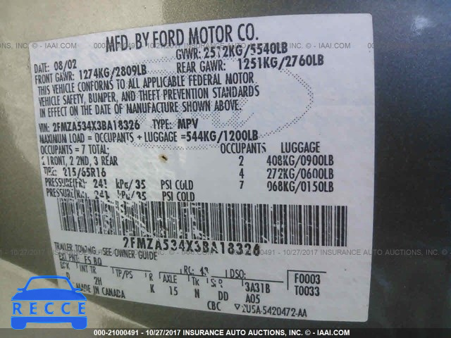 2003 Ford Windstar SEL 2FMZA534X3BA18326 image 8