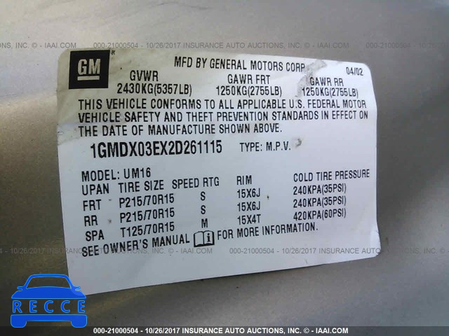 2002 PONTIAC MONTANA 1GMDX03EX2D261115 image 8