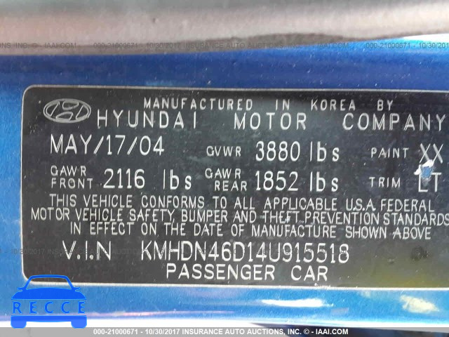 2004 Hyundai Elantra KMHDN46D14U915518 зображення 8