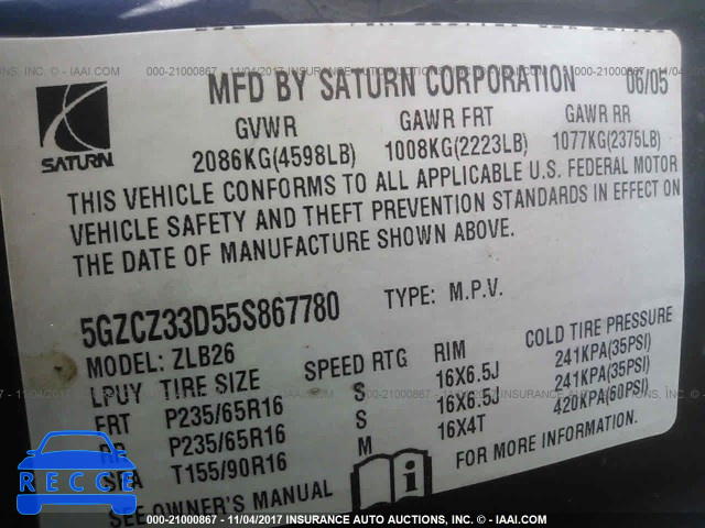 2005 Saturn VUE 5GZCZ33D55S867780 image 8