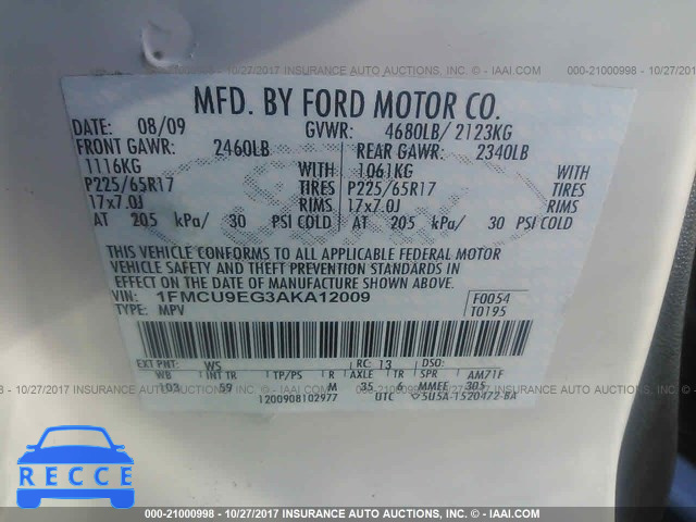 2010 FORD ESCAPE 1FMCU9EG3AKA12009 image 8