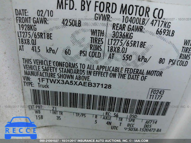 2010 Ford F350 SUPER DUTY 1FTWX3A5XAEB37128 зображення 8