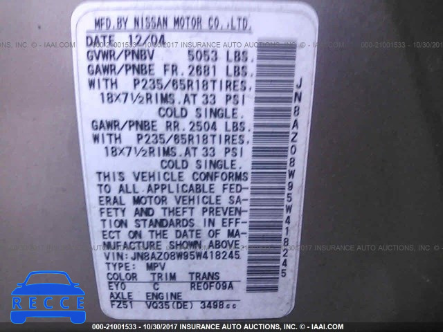 2005 Nissan Murano JN8AZ08W95W418245 image 8