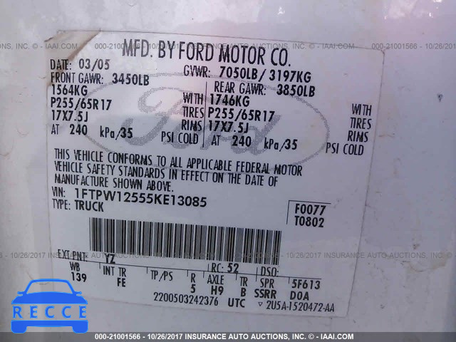 2005 Ford F150 1FTPW12555KE13085 image 8