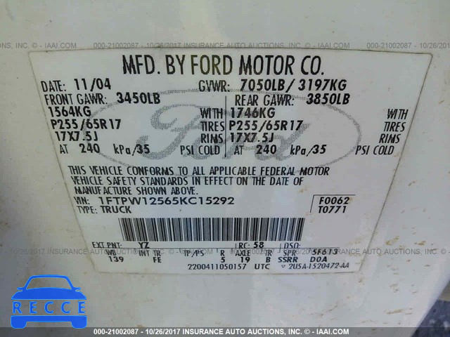 2005 Ford F150 SUPERCREW 1FTPW12565KC15292 Bild 8
