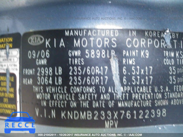 2007 KIA Sedona EX/LX KNDMB233X76122398 image 8