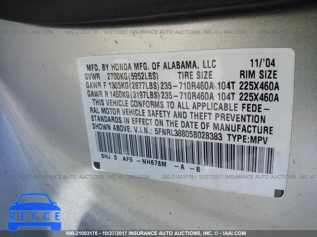 2005 Honda Odyssey 5FNRL38805B028383 image 8