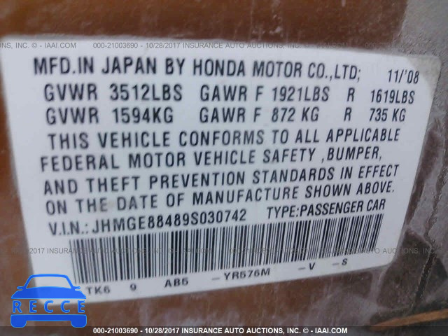 2009 Honda FIT SPORT JHMGE88489S030742 image 8