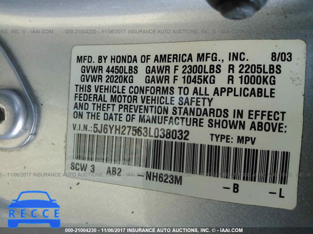 2003 Honda Element EX 5J6YH27563L038032 зображення 8