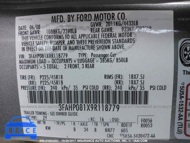 2009 Ford Fusion 3FAHP081X9R118779 image 8