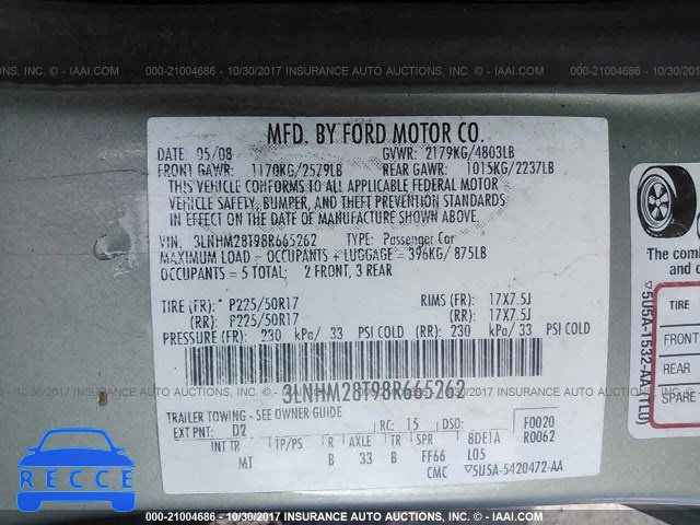 2008 Lincoln MKZ 3LNHM28T98R665262 Bild 8