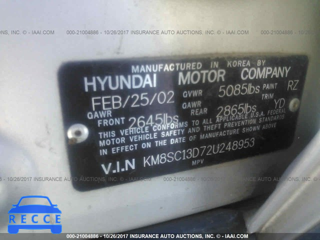 2002 Hyundai Santa Fe GLS/LX KM8SC13D72U248953 image 8