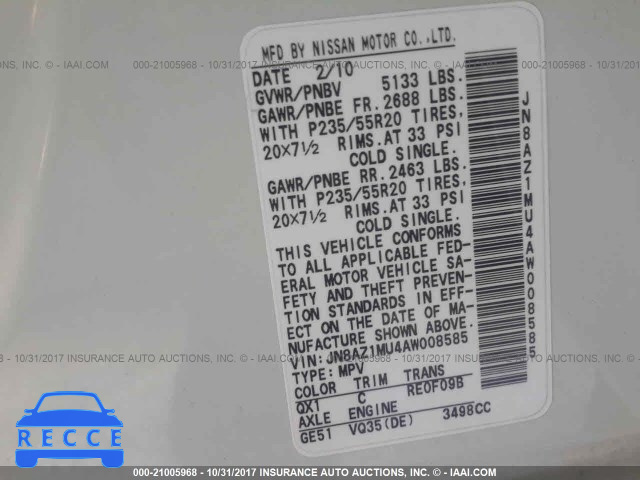 2010 Nissan Murano S/SL/LE JN8AZ1MU4AW008585 image 8