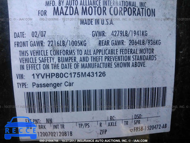 2007 Mazda 6 I 1YVHP80C175M43126 image 8