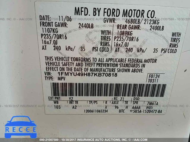 2007 Ford Escape 1FMYU49H87KB70818 image 8