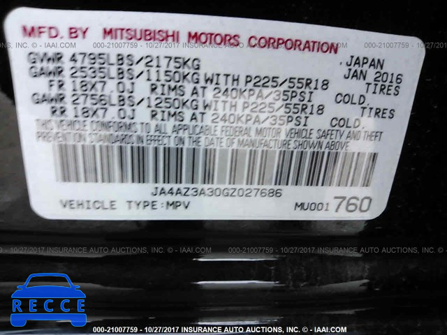 2016 Mitsubishi Outlander JA4AZ3A30GZ027686 image 8