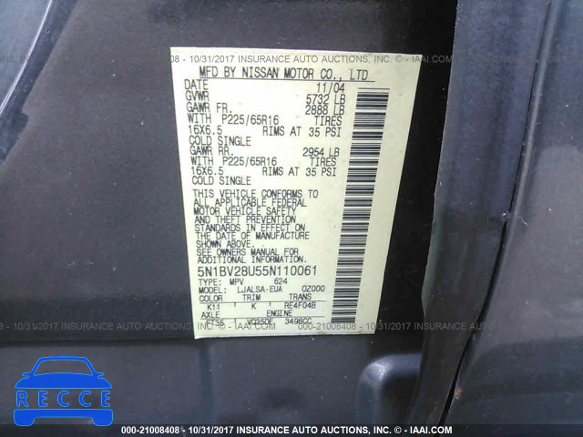 2005 Nissan Quest S/SE/SL 5N1BV28U55N110061 image 8