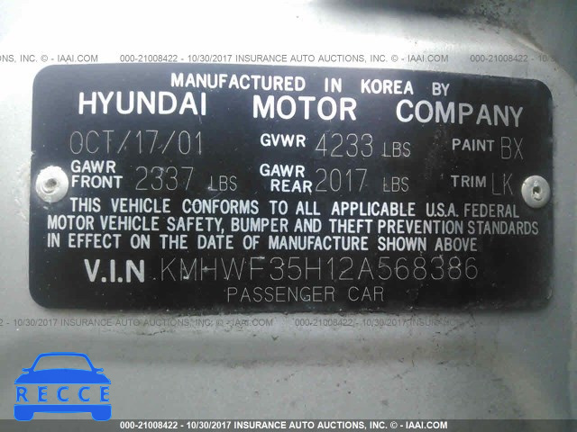 2002 HYUNDAI SONATA KMHWF35H12A568386 image 8