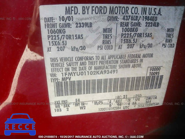 2002 Ford Escape XLS 1FMYU01102KA93491 image 8