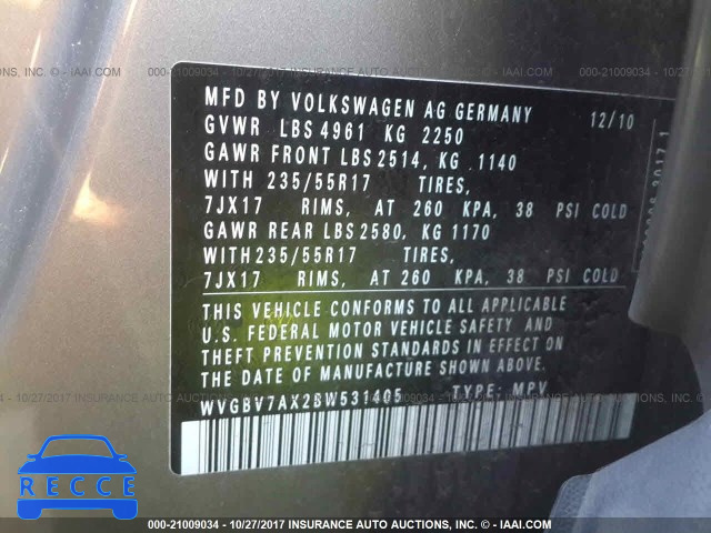 2011 Volkswagen Tiguan S/SE/SEL WVGBV7AX2BW531405 image 8