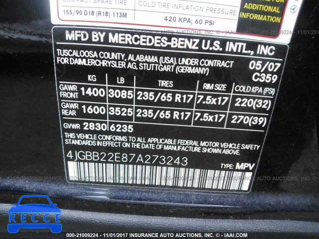 2007 Mercedes-benz ML 320 CDI 4JGBB22E87A273243 Bild 8