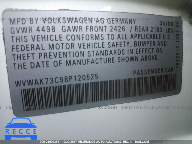 2008 Volkswagen Passat WVWAK73C98P120525 зображення 8